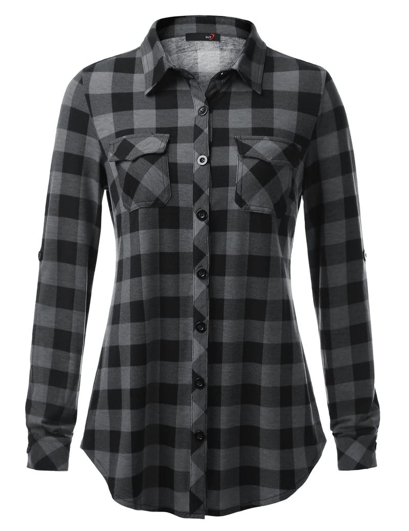 DJT Womens Soft Stretchy Knit Plaid Shirts Roll Up Long Sleeve Collared Button Down Blouses Tops Large Black Plaid - Image 2